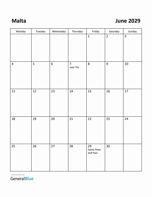 June 2029 Calendar with Malta Holidays