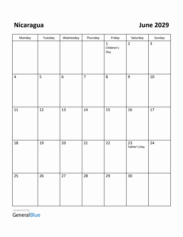 June 2029 Calendar with Nicaragua Holidays