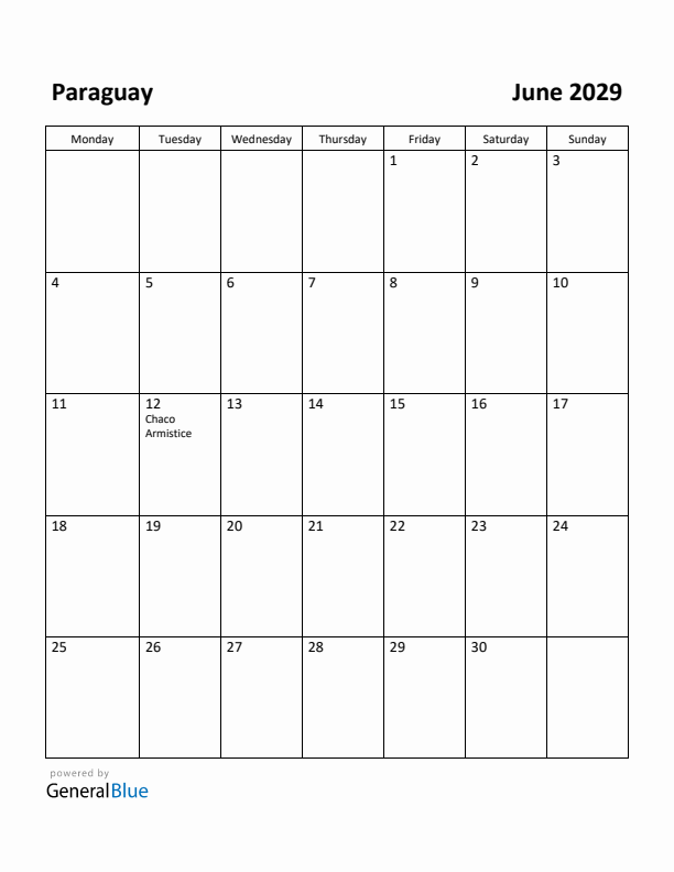 June 2029 Calendar with Paraguay Holidays