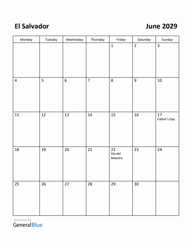 June 2029 Calendar with El Salvador Holidays