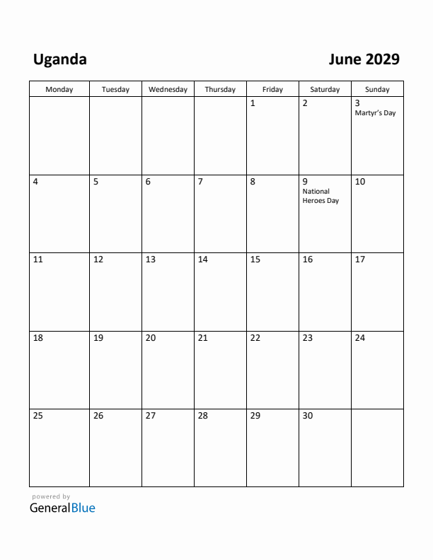 June 2029 Calendar with Uganda Holidays