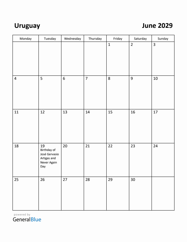 June 2029 Calendar with Uruguay Holidays