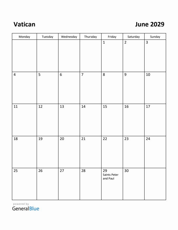 June 2029 Calendar with Vatican Holidays