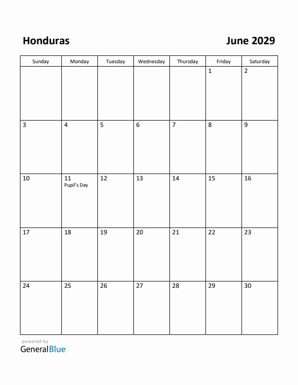 June 2029 Calendar with Honduras Holidays