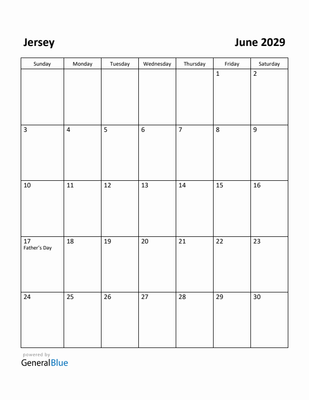 June 2029 Calendar with Jersey Holidays