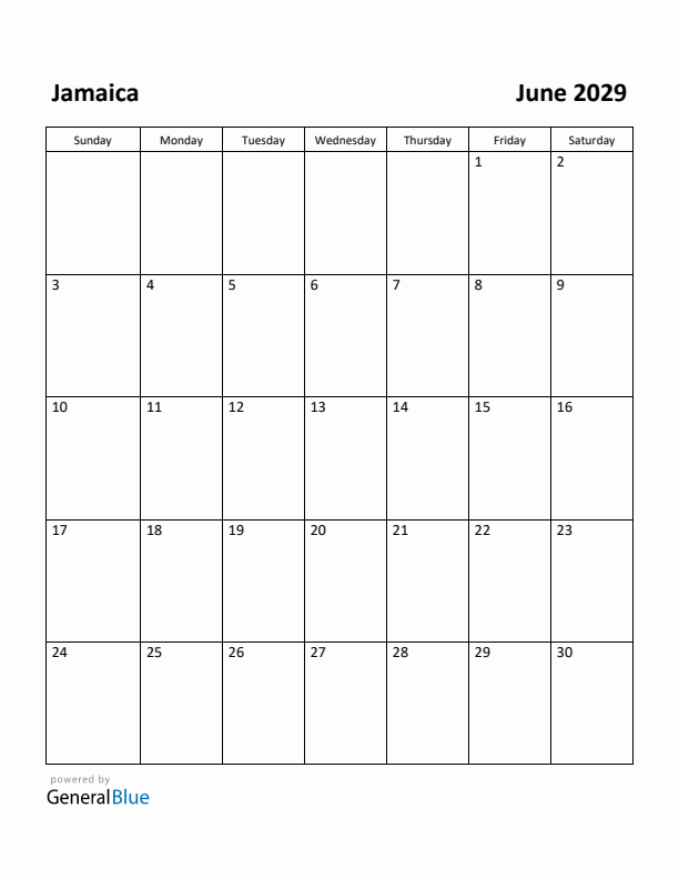 June 2029 Calendar with Jamaica Holidays