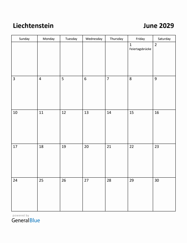 June 2029 Calendar with Liechtenstein Holidays