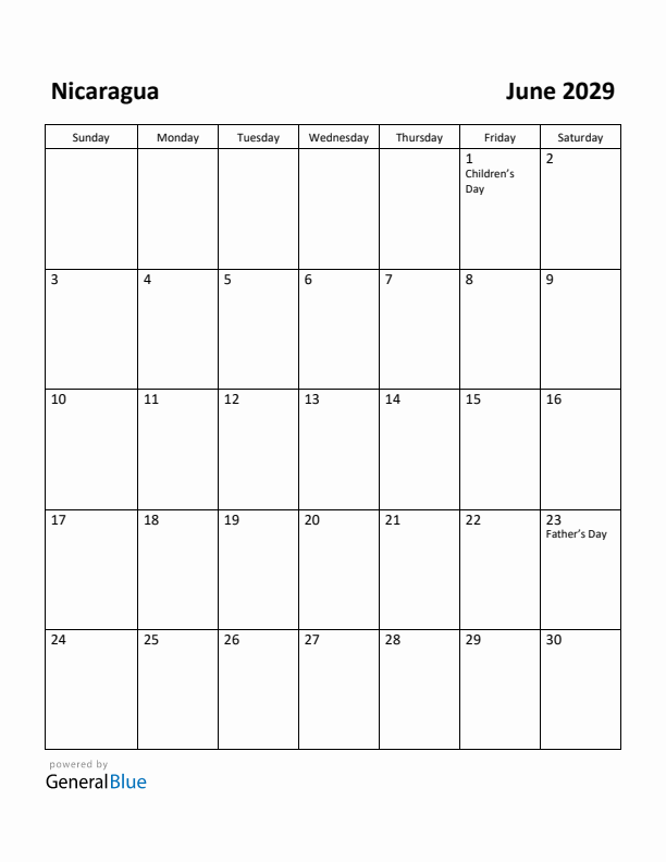 June 2029 Calendar with Nicaragua Holidays