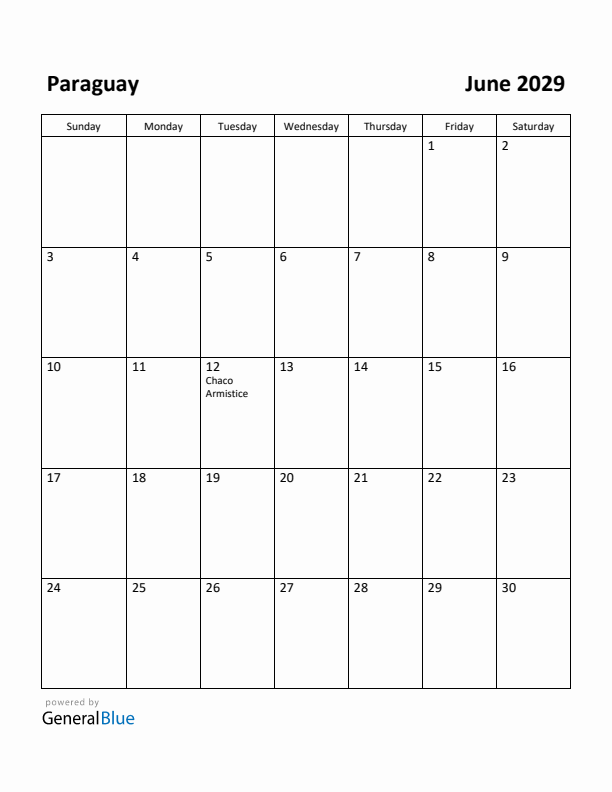 June 2029 Calendar with Paraguay Holidays