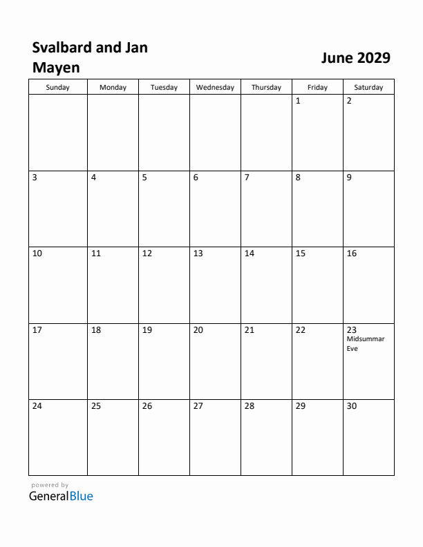 June 2029 Calendar with Svalbard and Jan Mayen Holidays