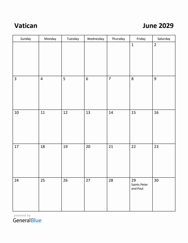 June 2029 Calendar with Vatican Holidays