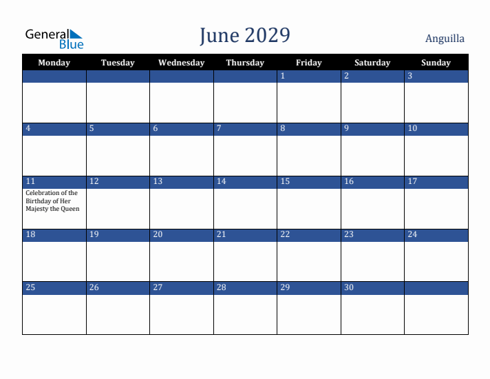 June 2029 Anguilla Calendar (Monday Start)