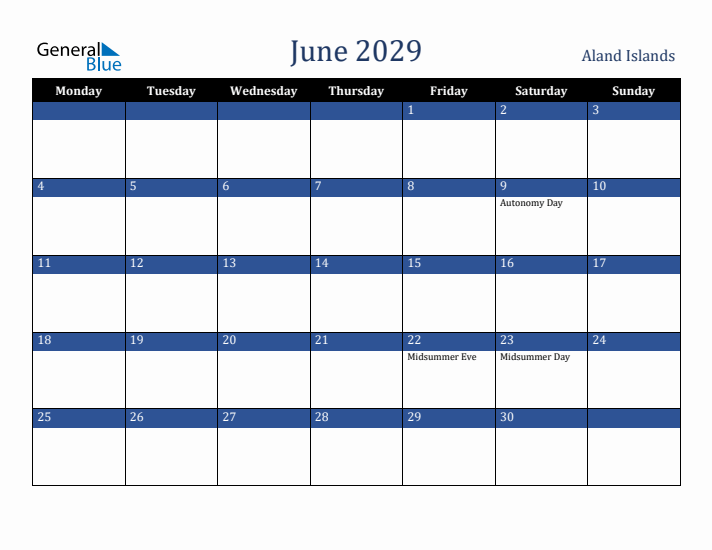 June 2029 Aland Islands Calendar (Monday Start)