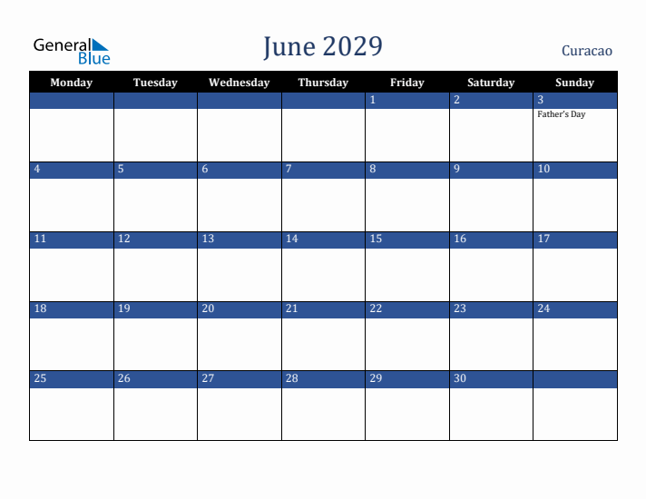 June 2029 Curacao Calendar (Monday Start)