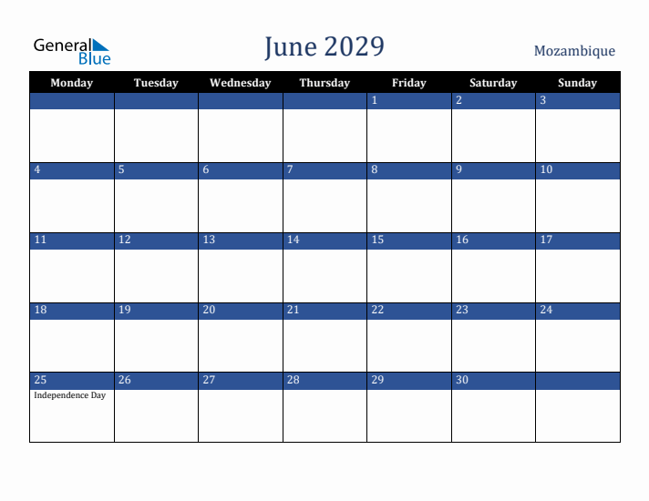 June 2029 Mozambique Calendar (Monday Start)