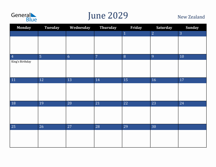 June 2029 New Zealand Calendar (Monday Start)