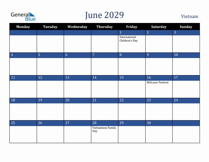 June 2029 Vietnam Calendar (Monday Start)