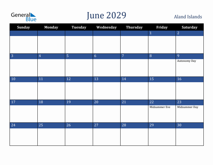 June 2029 Aland Islands Calendar (Sunday Start)