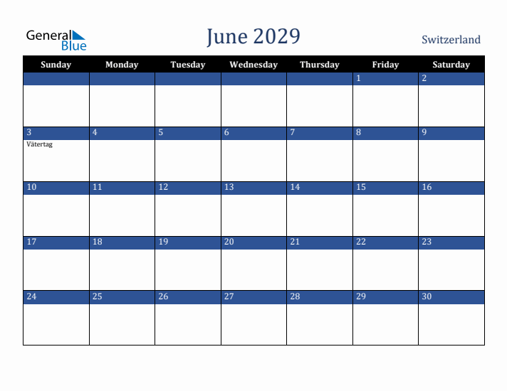 June 2029 Switzerland Calendar (Sunday Start)