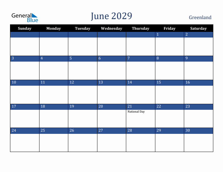 June 2029 Greenland Calendar (Sunday Start)