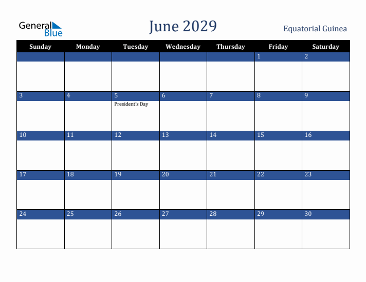 June 2029 Equatorial Guinea Calendar (Sunday Start)