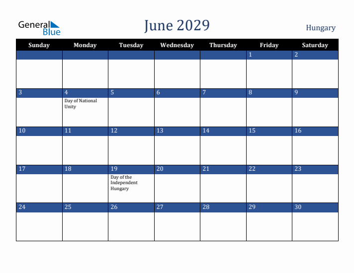 June 2029 Hungary Calendar (Sunday Start)