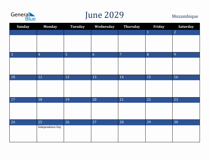 June 2029 Mozambique Calendar (Sunday Start)