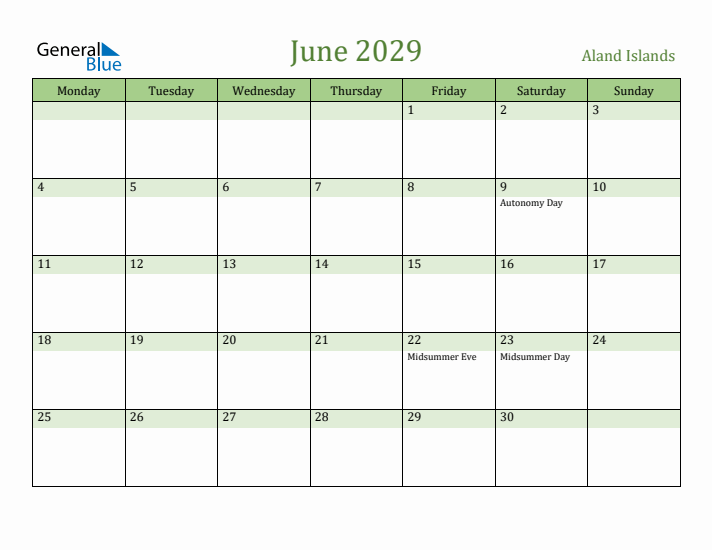 June 2029 Calendar with Aland Islands Holidays