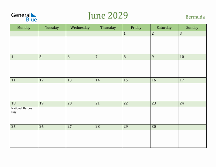 June 2029 Calendar with Bermuda Holidays