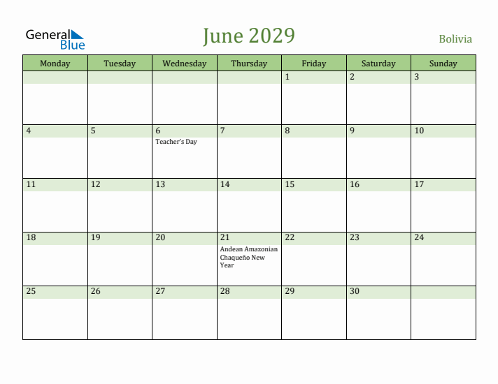 June 2029 Calendar with Bolivia Holidays