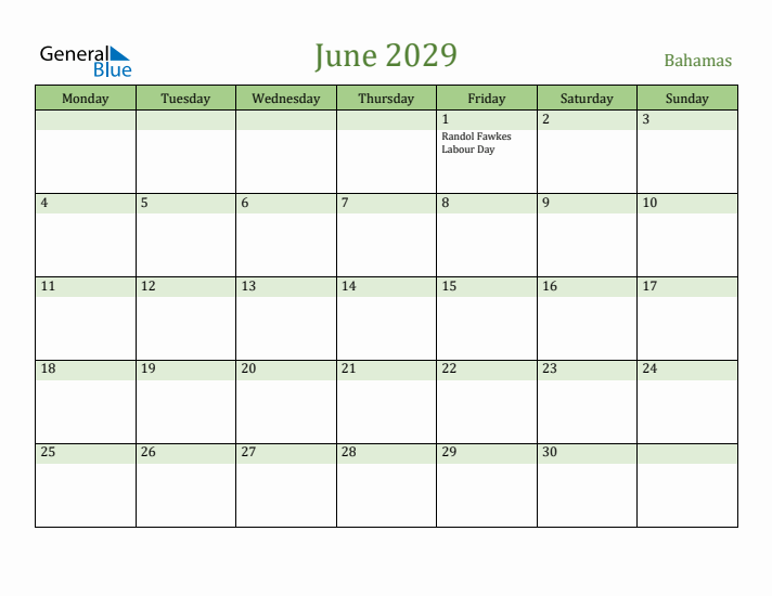 June 2029 Calendar with Bahamas Holidays