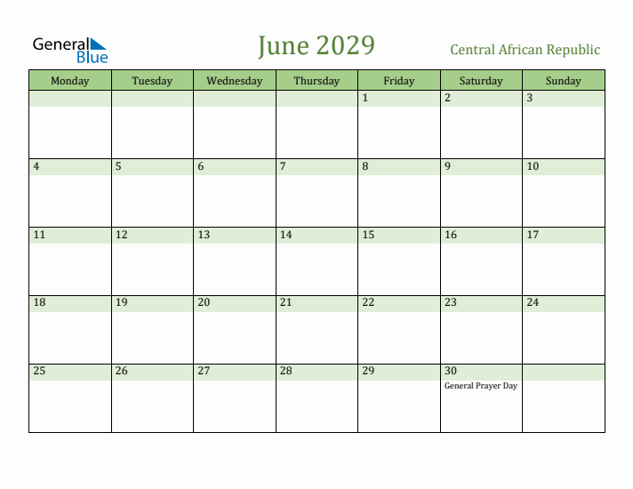 June 2029 Calendar with Central African Republic Holidays