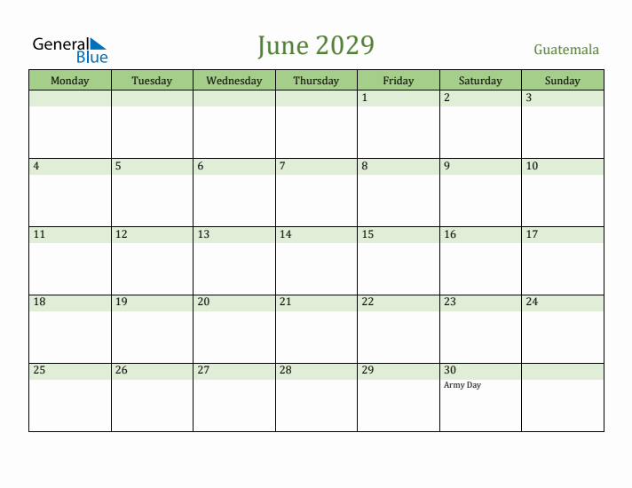 June 2029 Calendar with Guatemala Holidays