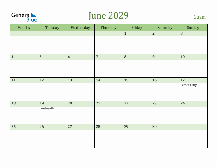 June 2029 Calendar with Guam Holidays