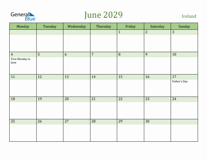 June 2029 Calendar with Ireland Holidays