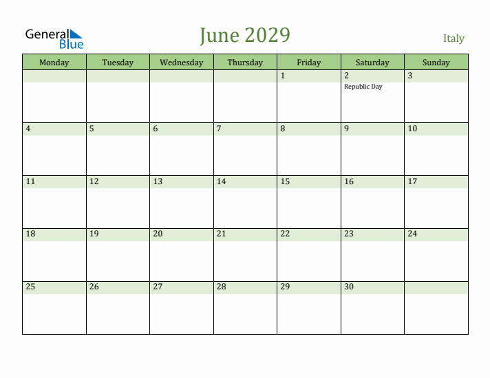 June 2029 Calendar with Italy Holidays