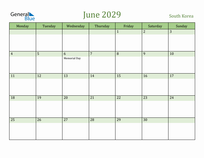 June 2029 Calendar with South Korea Holidays