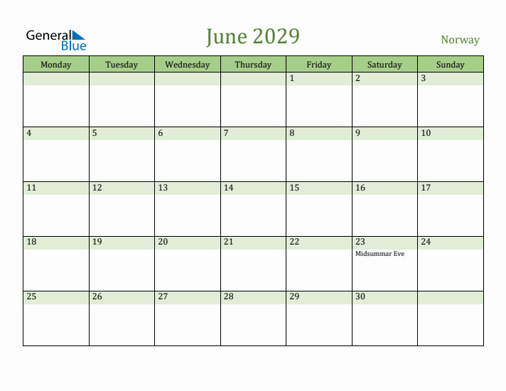 June 2029 Calendar with Norway Holidays