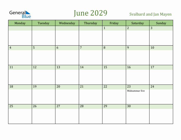 June 2029 Calendar with Svalbard and Jan Mayen Holidays