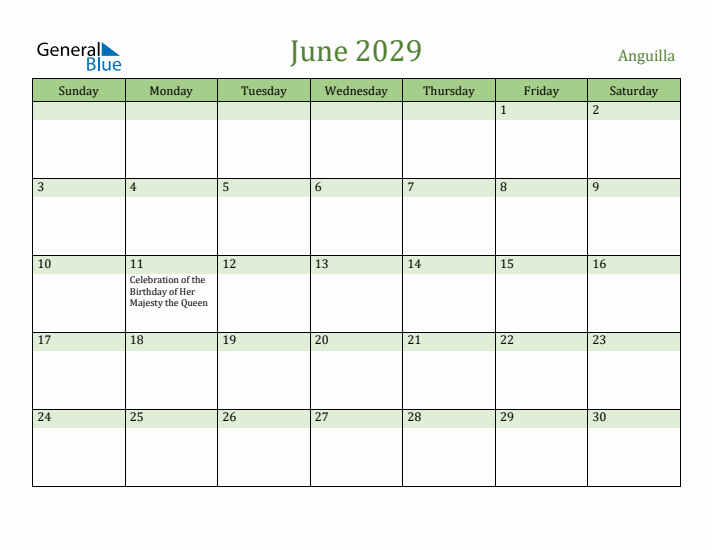 June 2029 Calendar with Anguilla Holidays