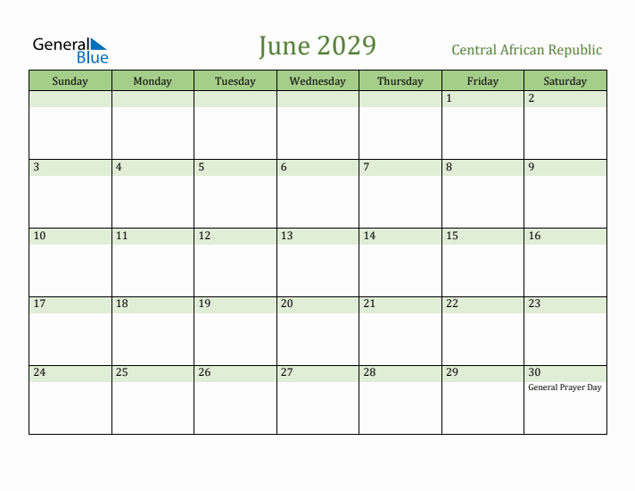 June 2029 Calendar with Central African Republic Holidays