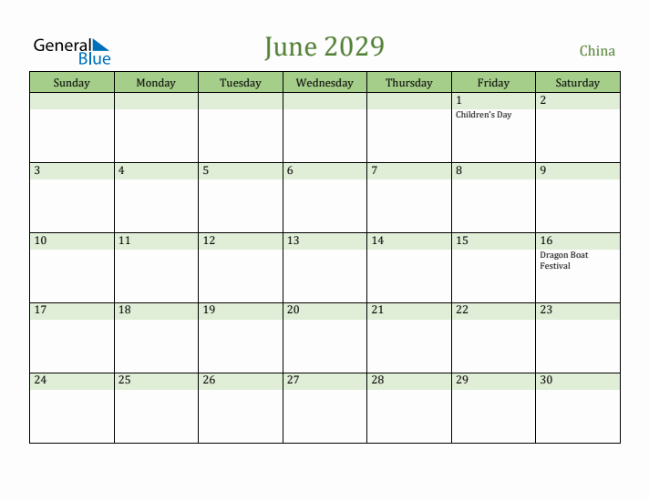 June 2029 Calendar with China Holidays