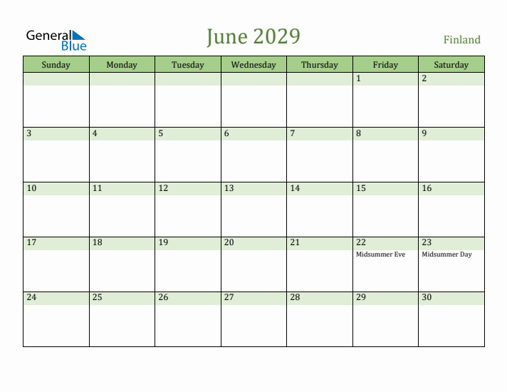 June 2029 Calendar with Finland Holidays