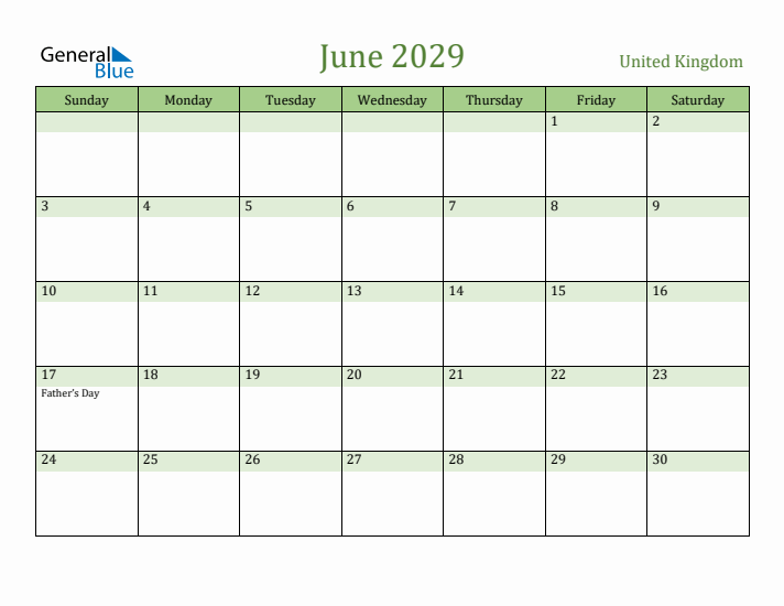 June 2029 Calendar with United Kingdom Holidays