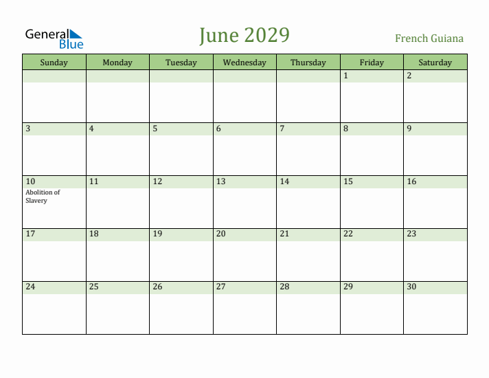 June 2029 Calendar with French Guiana Holidays