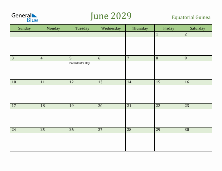 June 2029 Calendar with Equatorial Guinea Holidays