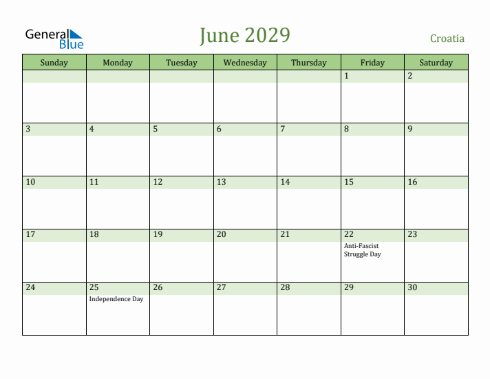 June 2029 Calendar with Croatia Holidays