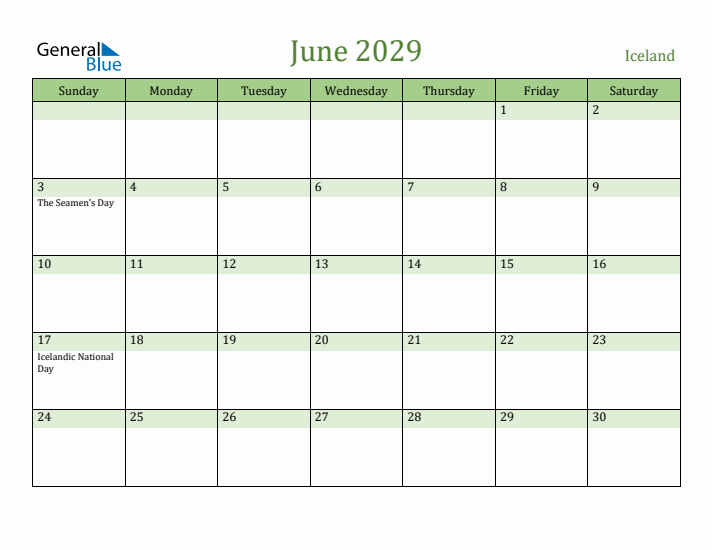 June 2029 Calendar with Iceland Holidays