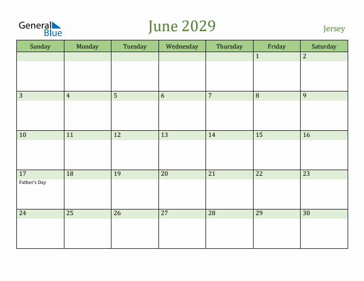 June 2029 Calendar with Jersey Holidays