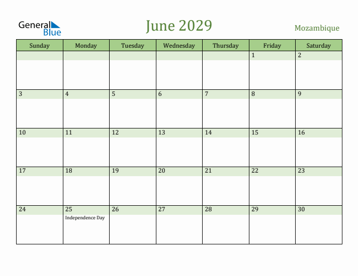 June 2029 Calendar with Mozambique Holidays